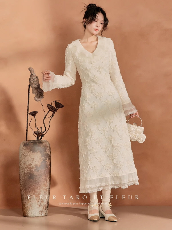 Ivory Blossom Lace-Trim Knit Dress