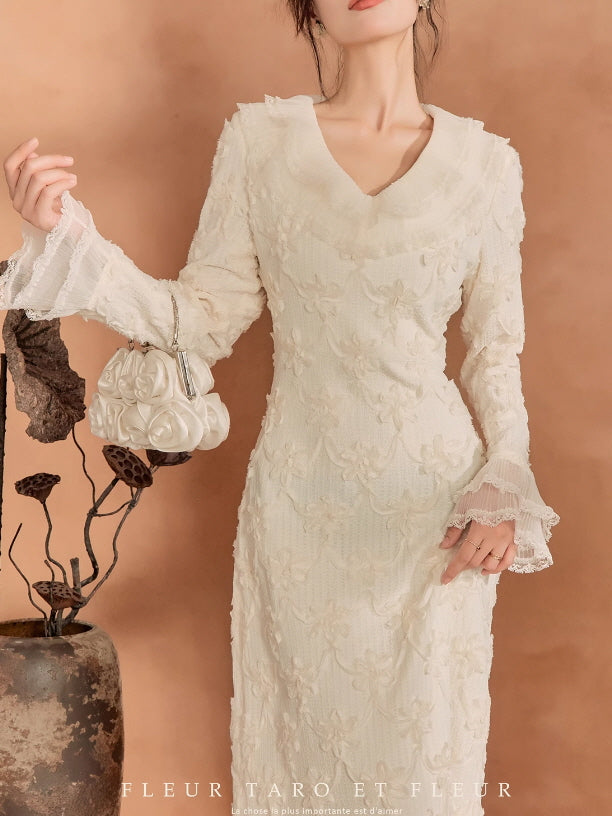 Ivory Blossom Lace-Trim Knit Dress