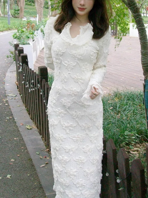 Ivory Blossom Lace-Trim Knit Dress