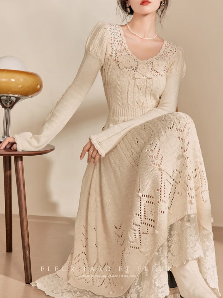 Ivory Rose Crochet Lace Knit Dress