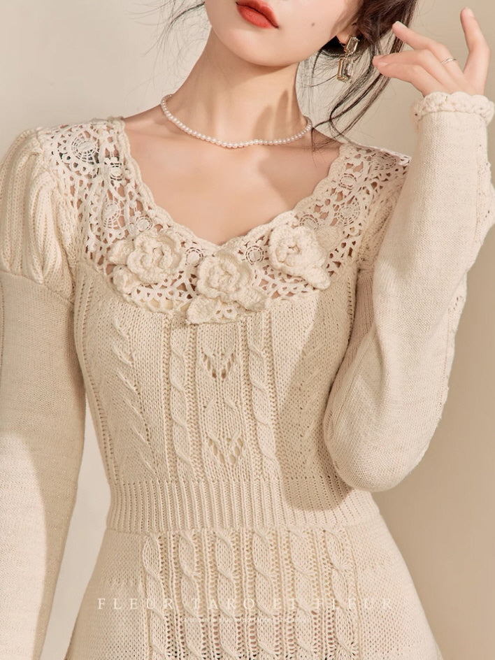 Ivory Rose Crochet Lace Knit Dress