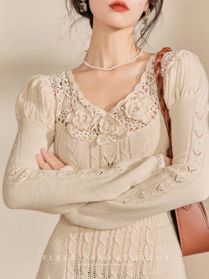 Ivory Rose Crochet Lace Knit Dress