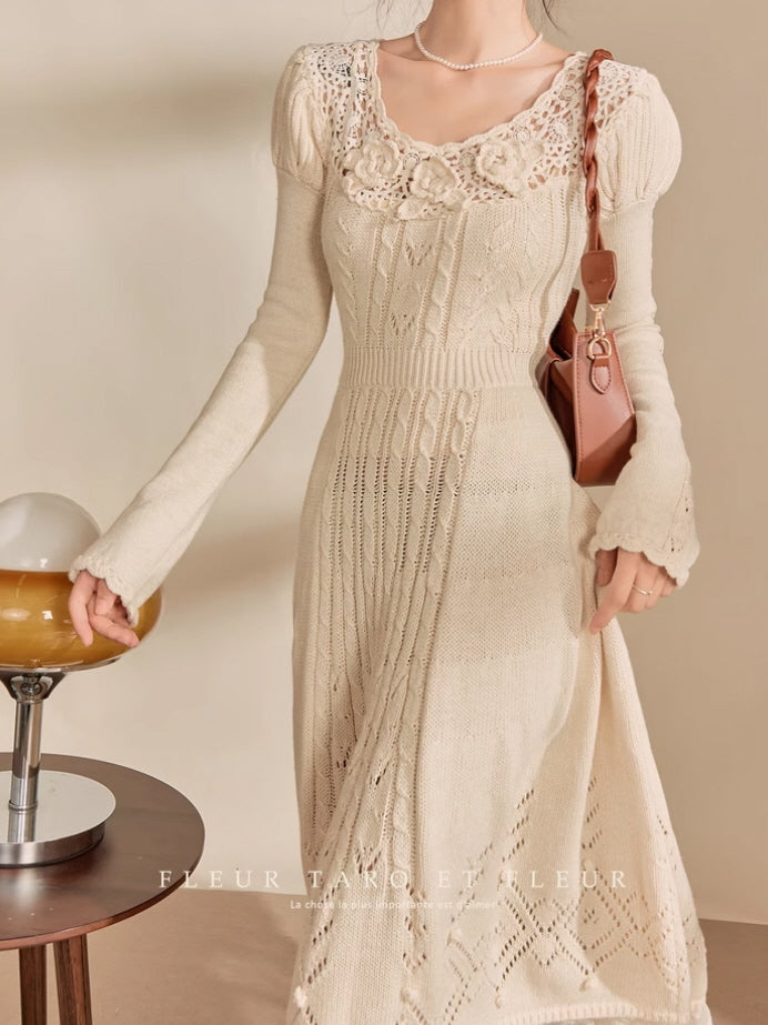 Ivory Rose Crochet Lace Knit Dress