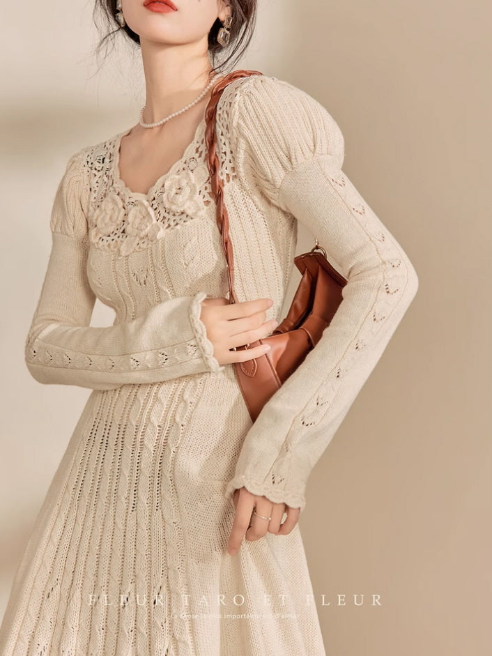 Ivory Rose Crochet Lace Knit Dress