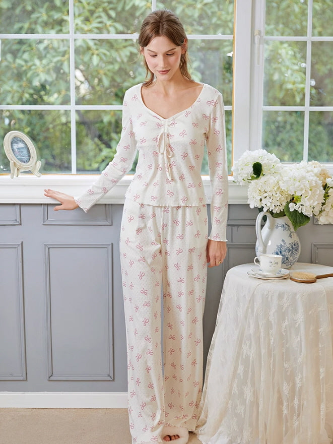 Pink Bow Knot Print Pajama Set