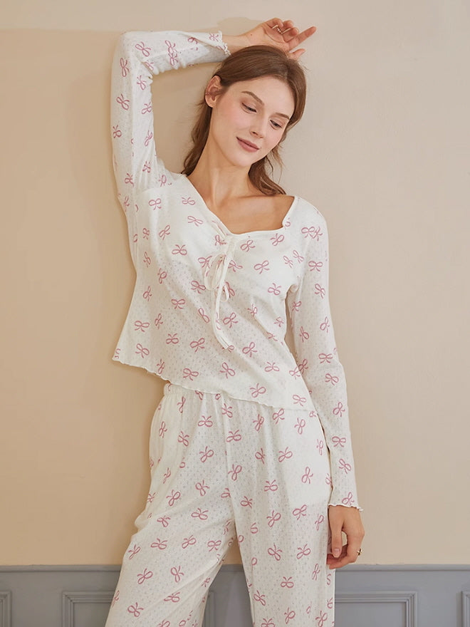 Pink Bow Knot Print Pajama Set