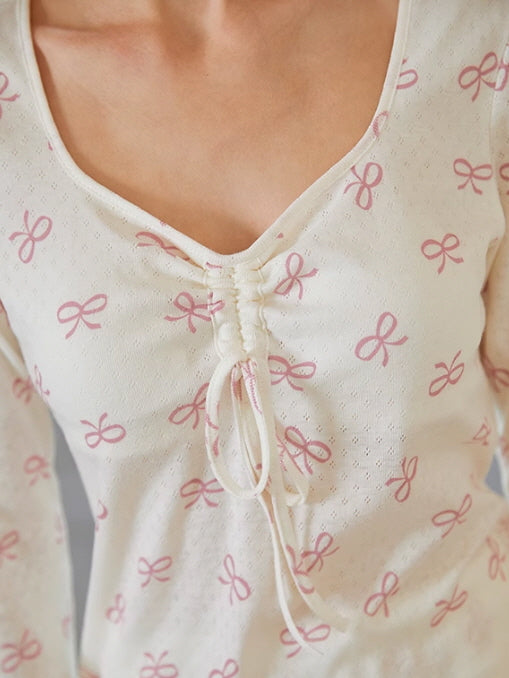 Pink Bow Knot Print Pajama Set