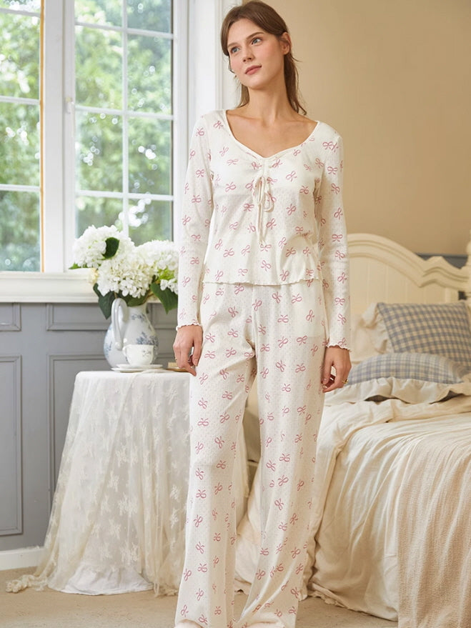 Pink Bow Knot Print Pajama Set