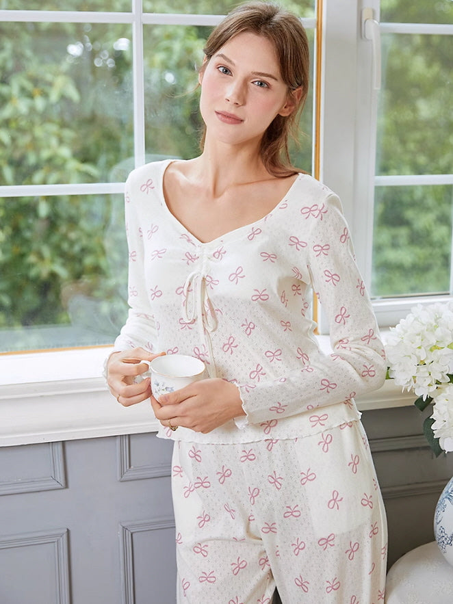 Pink Bow Knot Print Pajama Set