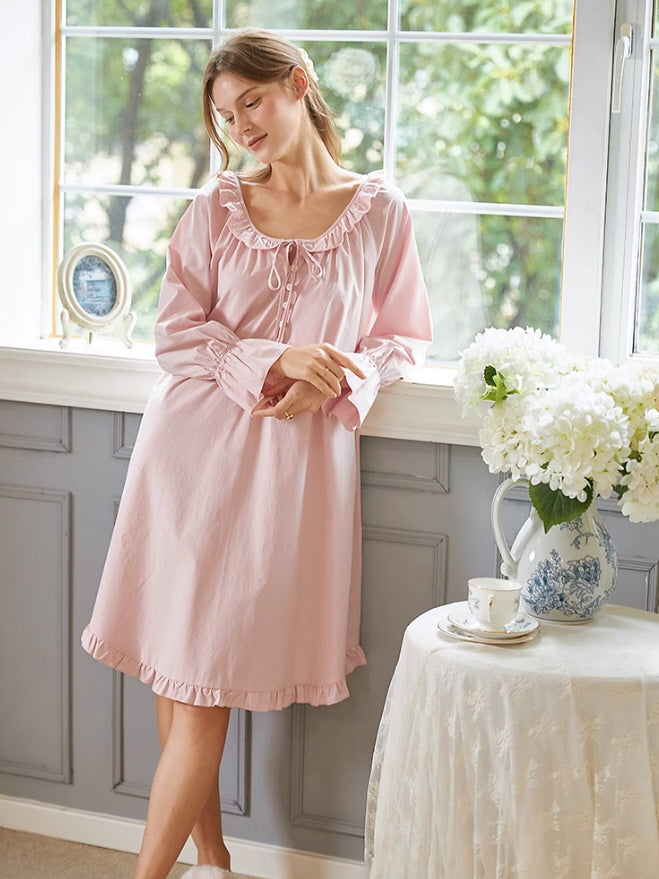 Blush Pink Ruffle-Trim Modal Cotton Nightgown