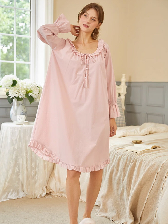 Blush Pink Ruffle-Trim Modal Cotton Nightgown