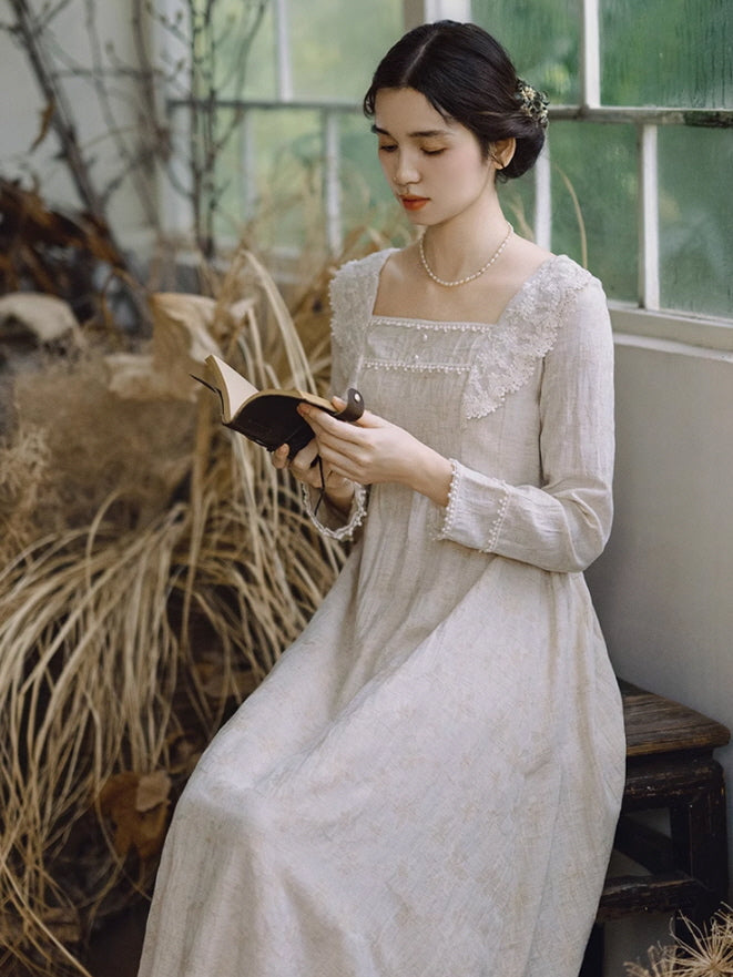Cottagecore Lace Trim Linen Dress - Beige / S Cottagecore Lace Trim Linen Dress - Beige / S