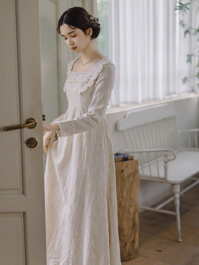 Cottagecore Lace Trim Linen Dress