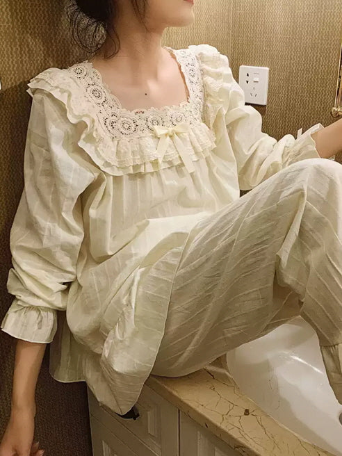 Vintage Lace-Trimmed Cotton Pajama Set