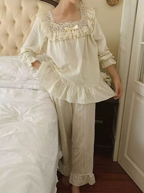 Vintage Lace-Trimmed Cotton Pajama Set