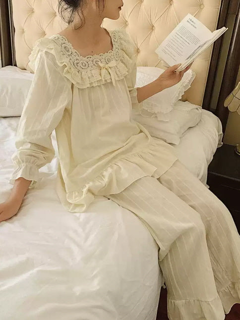 Vintage Lace-Trimmed Cotton Pajama Set