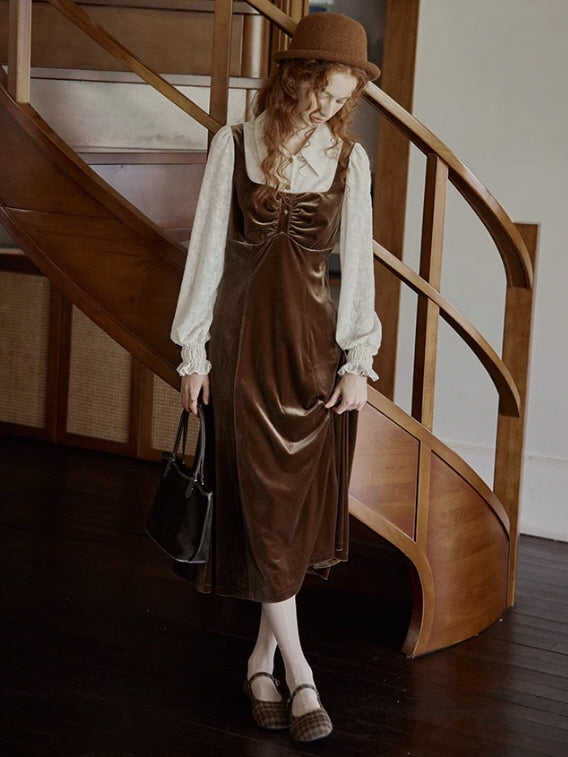 Earthy Velvet Button-Front Pinafore Dress