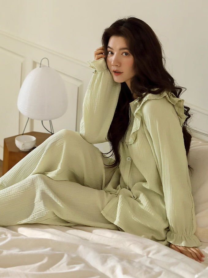 Pastel Green Ruffled Cotton Pajama Set