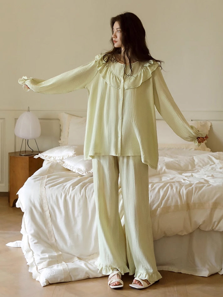 Pastel Green Ruffled Cotton Pajama Set