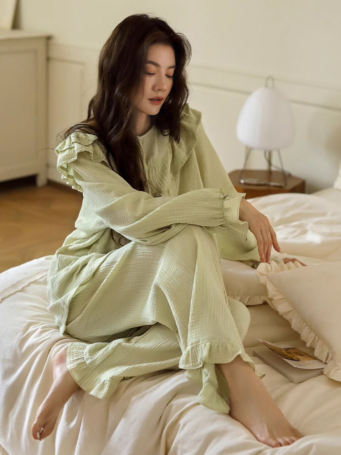 Pastel Green Ruffled Cotton Pajama Set