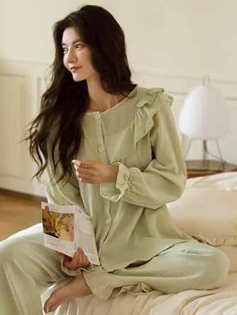 Pastel Green Ruffled Cotton Pajama Set