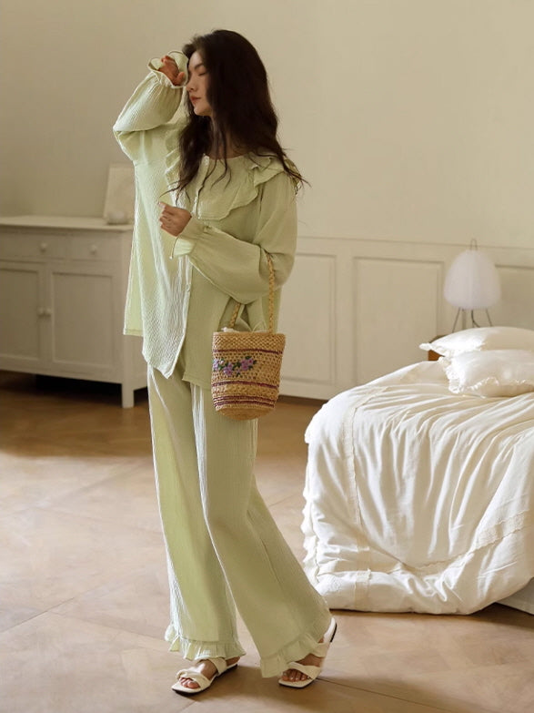 Pastel Green Ruffled Cotton Pajama Set