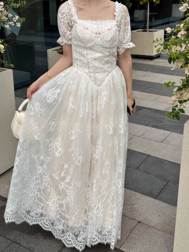 Soft Ivory Vintage Lace Princess Gown