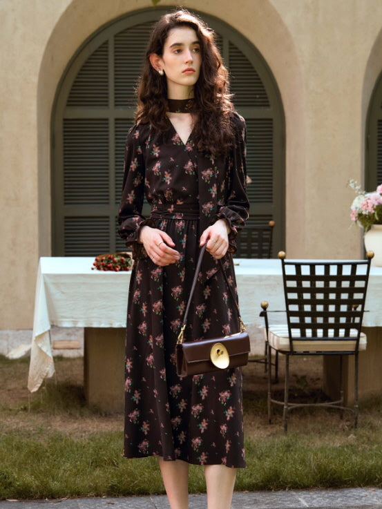 Autumn Elegance V-Neck Long Dress