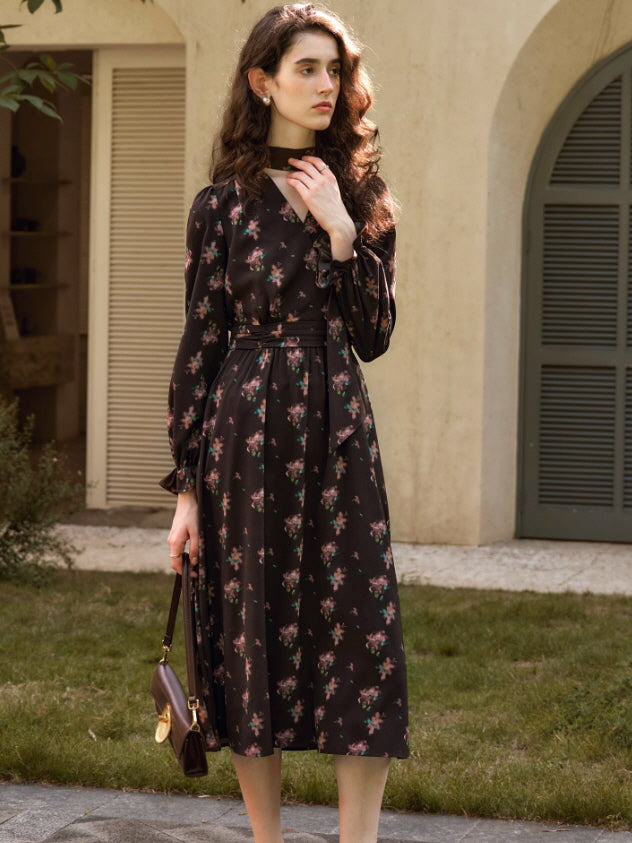 Autumn Elegance V-Neck Long Dress