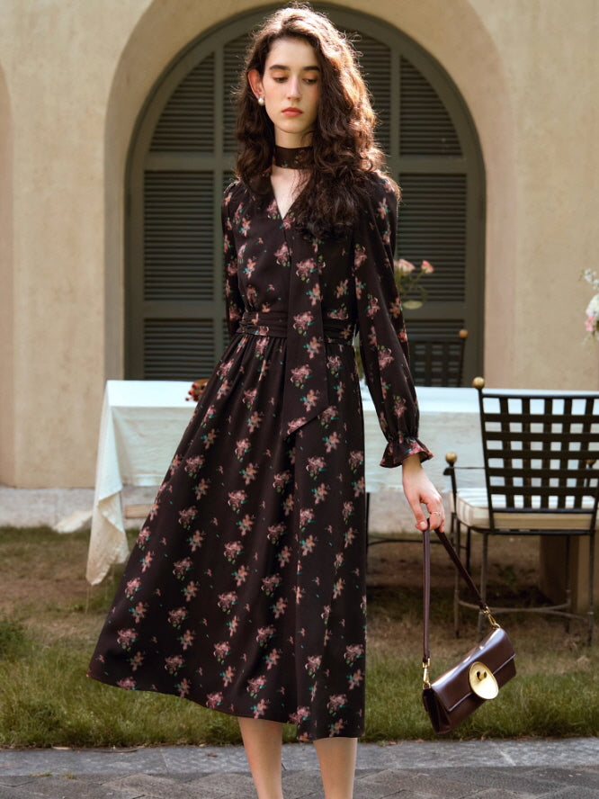 Autumn Elegance V-Neck Long Dress