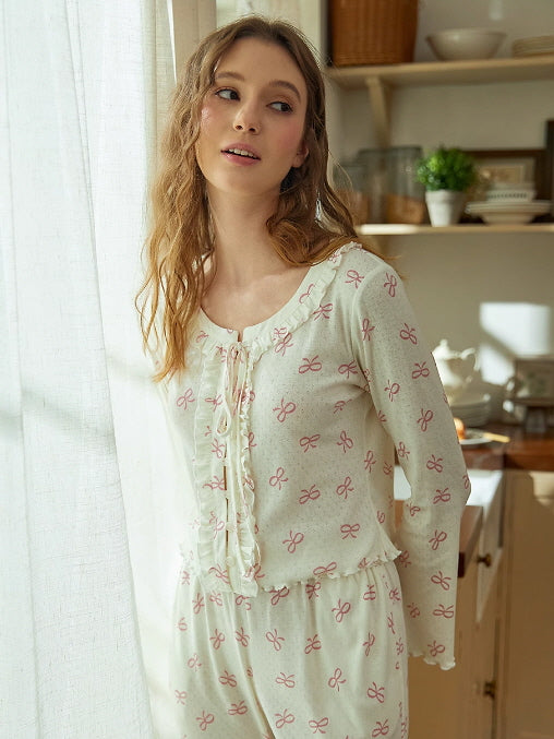 Bow-Embellished Cozy Cotton Pajama Set