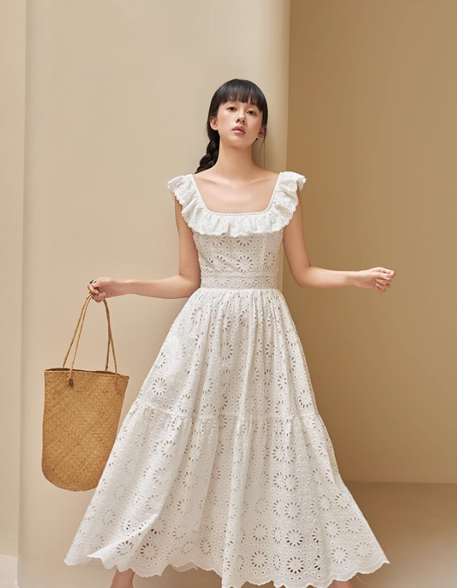 Romantic White Eyelet Lace Cotton Sundress