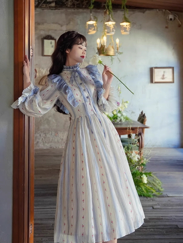 Striped Blue Ruffle Floral Cotton Dress Cottagecore Vintage Outfit Ivory Blue / M Striped Blue Ruffle Floral Cotton Dress Cottagecore Vintage Outfit Ivory Blue / M