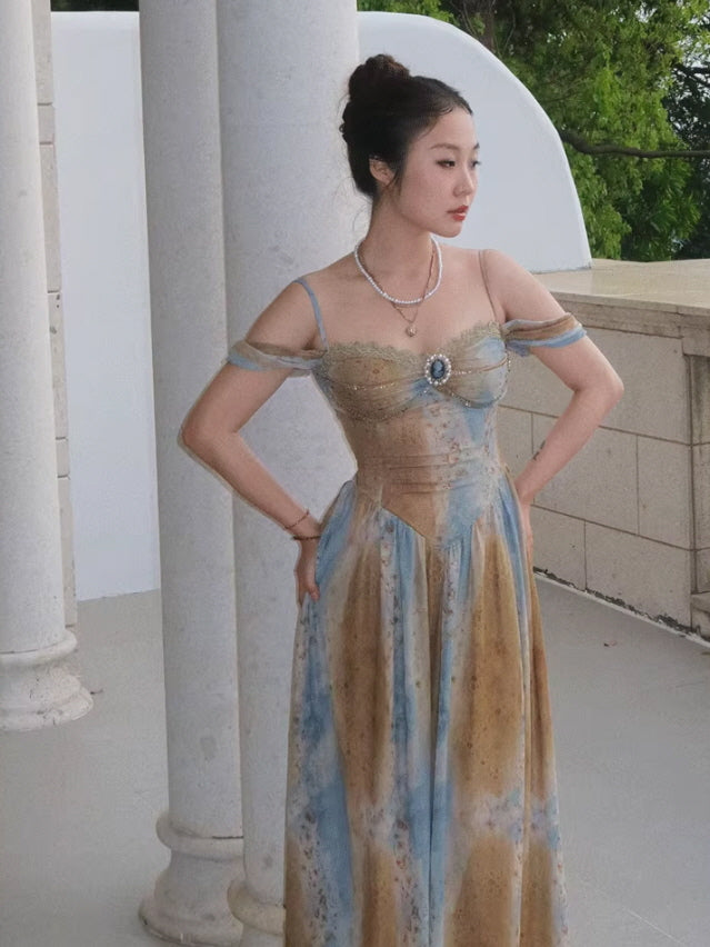 A woman wearing a vintage-inspired, princesscore gown with delicate lace detailing and an ornate brooch embellishment, posing elegantly on a balcony.