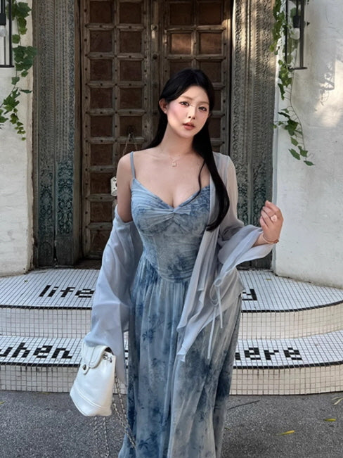 Moonlit Garden Blue Sheer Floral Dress