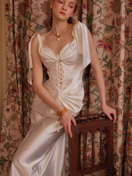 Ivory Lace-Up Satin Corset Dress