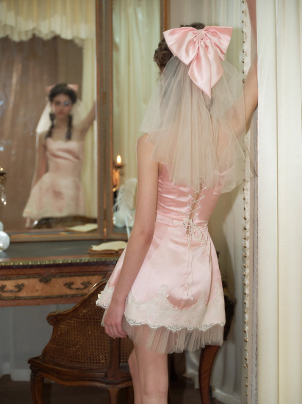 Blush Satin Bow Lace Mini Dress