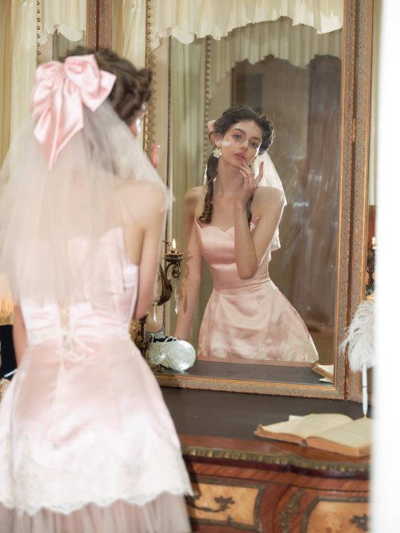 Blush Satin Bow Lace Mini Dress