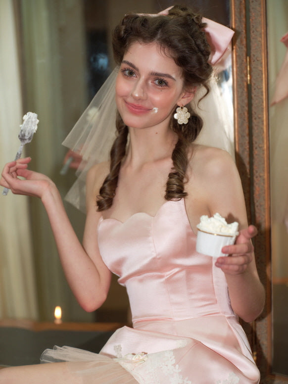 Blush Satin Bow Lace Mini Dress