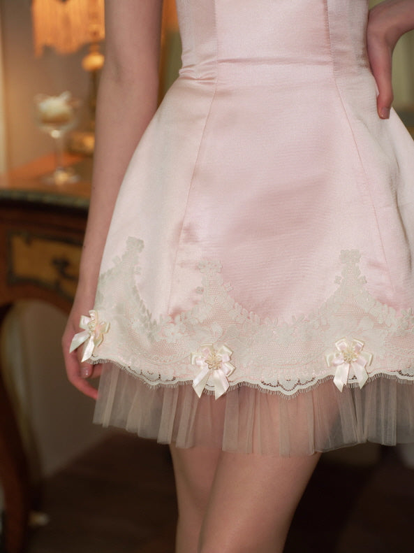 Blush Satin Bow Lace Mini Dress