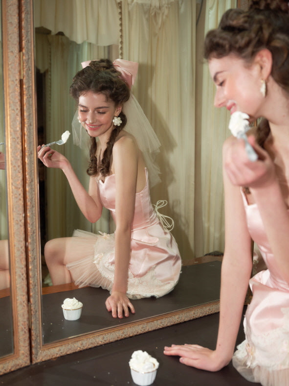 Blush Satin Bow Lace Mini Dress
