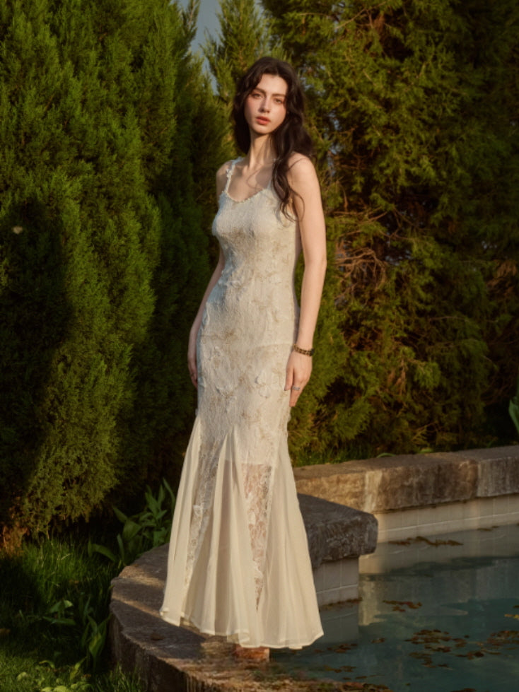 Butterfly Queen Gold Embroidered Lace Dress