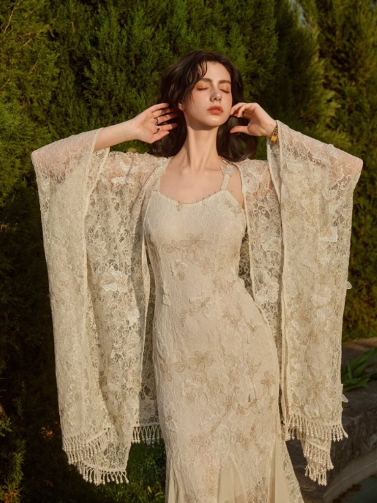 Butterfly Queen Gold Embroidered Lace Dress