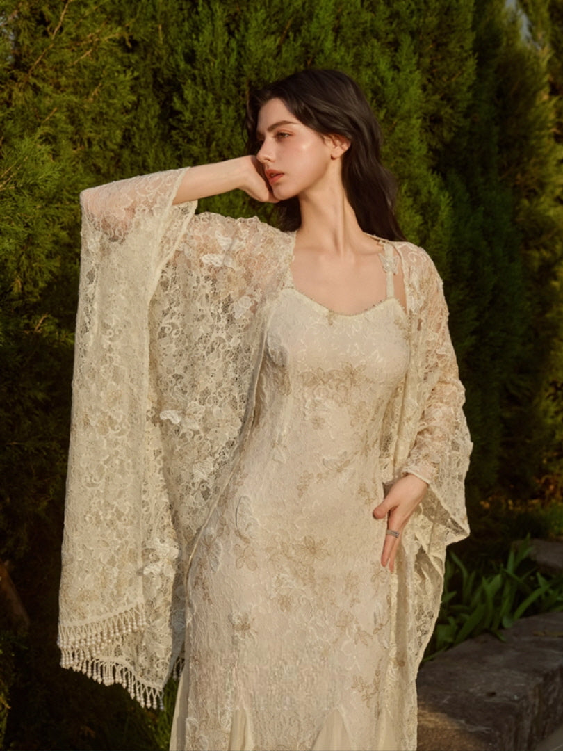 Butterfly Queen Gold Embroidered Lace Dress