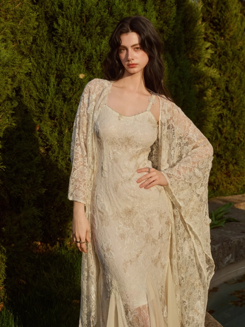 Butterfly Queen Gold Embroidered Lace Dress
