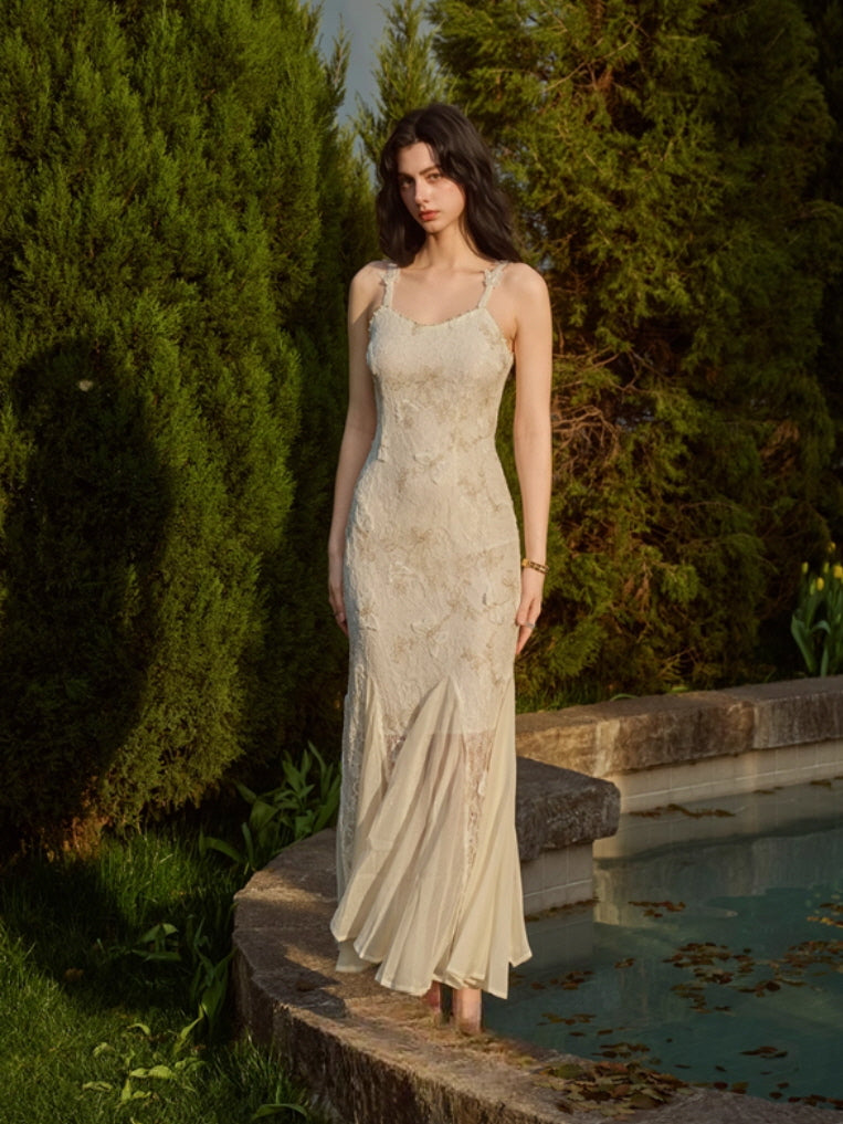 Butterfly Queen Gold Embroidered Lace Dress