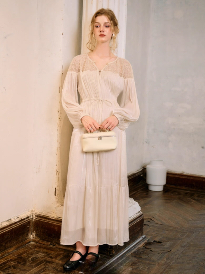 Romantic Lace Bodice Pleated Dress