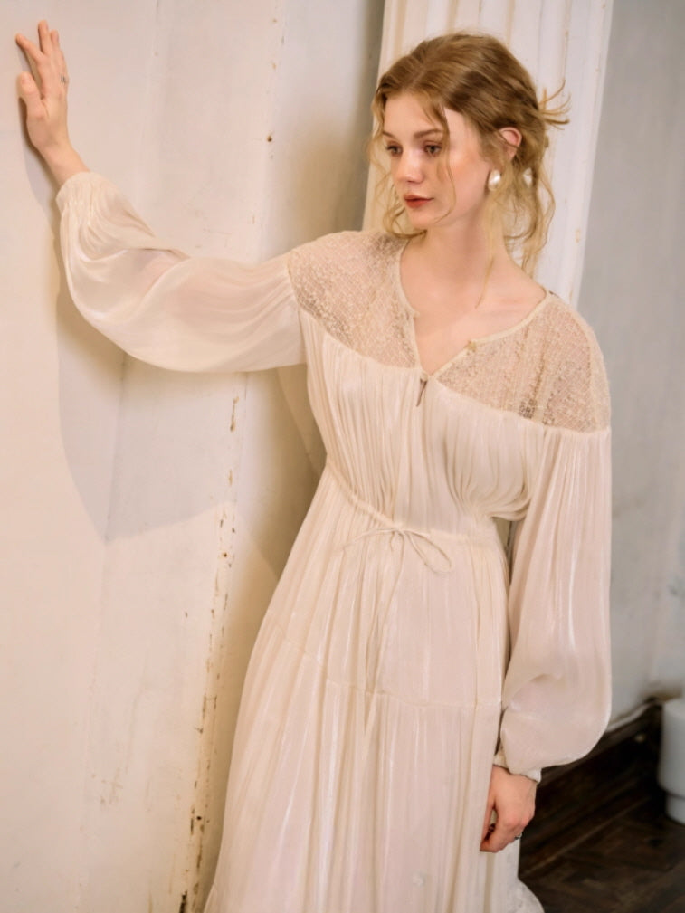 Romantic Lace Bodice Pleated Dress