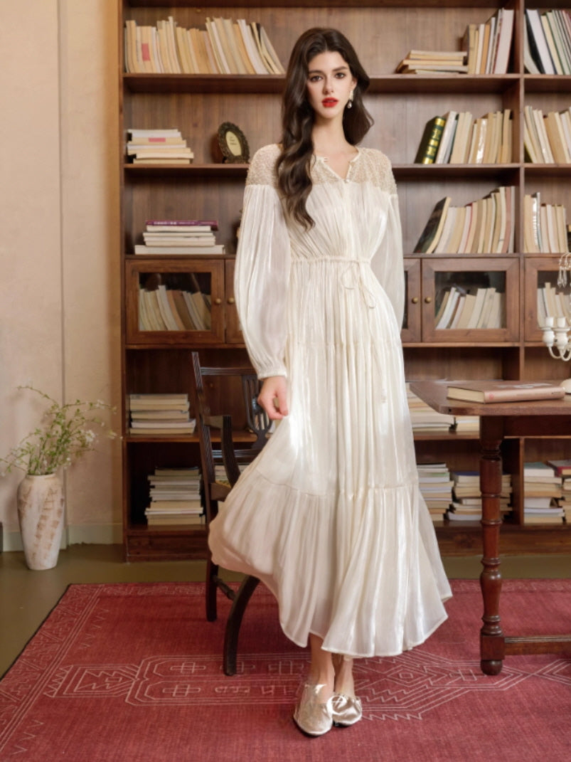 Romantic Lace Bodice Pleated Dress