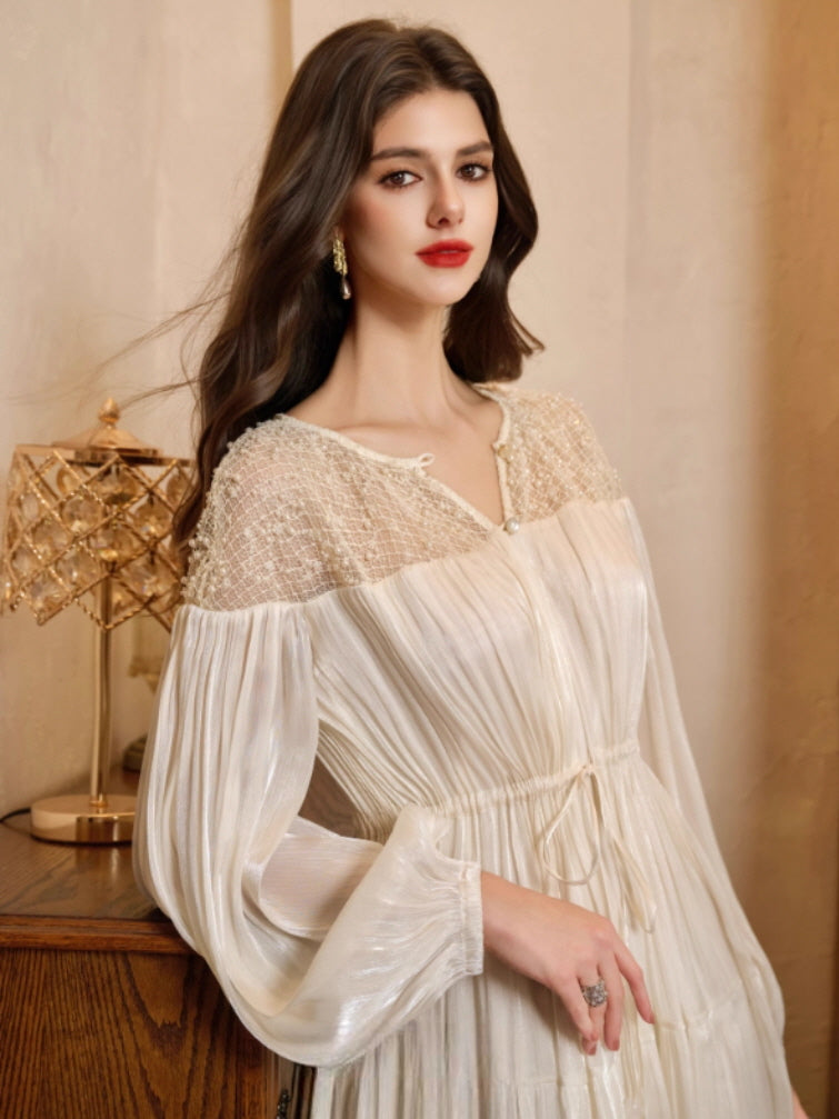 Romantic Lace Bodice Pleated Dress